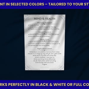Könnte beinhalten: Ein weiß-grauer Druck mit Text über Geist und Gesundheit, einschließlich Abschnitten für Morgen-Kickstart, Stimmungskontrolle, Gehirngymnastik und Nachtausklang. Der Druck ist mit dekorativen Rändern versehen und enthält den Text "Print in Selected Colors - Tailored to Your Style" und "Works Perfectly in Black & White or Full Color."