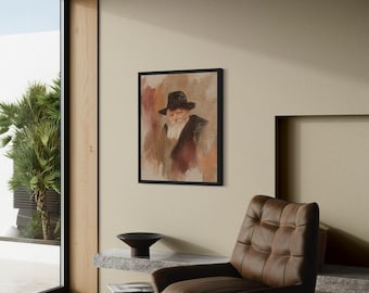 Puede incluir: Un retrato enmarcado de una persona mayor con sombrero y abrigo negros cuelga de una pared beige. Un sillón de cuero marrón con estructura de metal negro está cerca. También se ven un pequeño taburete de madera y un cuenco negro.
