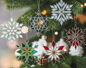 Stained Glass Snowflakes, Christmas Ornament, Beveled Glass Window Suncatcher Decor, Set of 6