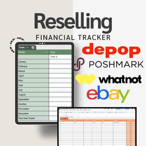 Puede incluir: Un rastreador financiero digital para reventa, con una tableta y una hoja de cálculo. La imagen incluye el texto "Reselling FINANCIAL TRACKER" y logotipos de Depop, Poshmark, Whatnot y eBay. La tableta muestra un rastreador de costos mensual.