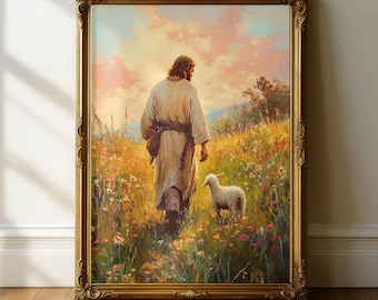 Impressão de Jesus com Cordeiro no Prado: Arte de Parede com Escrituras Cristãs (Download Digital)