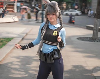 Cosplay de Judy Hopps, disfraz de Judy conejo, atuendo de Halloween, cosplay de animales de dibujos animados, uniforme de policía, conjunto completo de cosplay