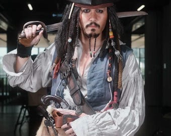 Disfraz de Jack Sparrow, conjunto completo del Capitán Jack, disfraz de pirata, atuendo de Halloween
