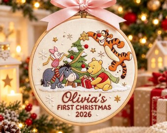 Adorno navideño personalizado de Winnie the Pooh para la primera Navidad, aro navideño personalizado con el nombre del bebé, recuerdo navideño de Winnie the Pooh 2026