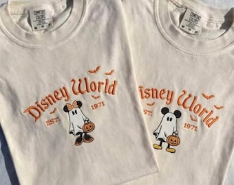 Mickey Minnie Halloween Embroidered Comfort Colors Shirt, Disney Family Matching Tee, Spooky Season Park Outfit
