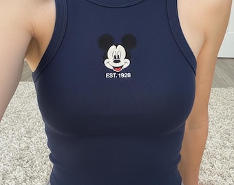 Embroidery Mickey Minnie EST 1928 Crop Tank Top, Simple Mouse Brown Baby Tee, Disneyworld Y2K, WDW Trip, Girly Aesthetic Disney Tee
