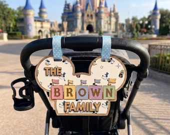 Custom Family Stroller Name Sign, Personalized Theme Park Baby Carrier Tag, Princess Superhero Vacation Decor