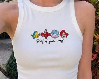 Ariel Part of Your World Embroidered Tank Top, Cute Little Mermaid Disney Princess Outfit Tee