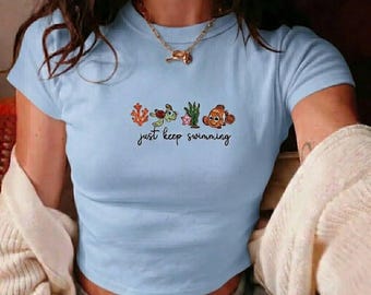 Finding Nemo Just Keep Swimming Embroidered Tank Top, Cute Pixar Disney Trip Outfit Tee