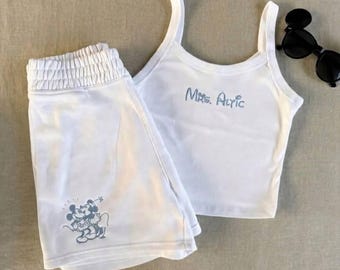 Personalized Disney Bride Tank Top and Mickey Bridesmaid Shorts Set, Custom Mrs Tank, Bridal Party Bachelorette Gift