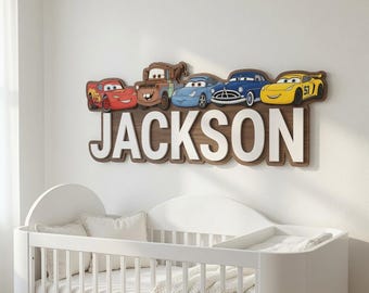 Personalized Cars Pixar 3D Name Sign, Lightning McQueen Wooden Nursery Name Sign, Custom Kids Room Wall Decor Gift