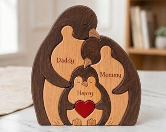 Personalized Wooden Penguin Family Puzzle, Custom Name Engraved Family Decor, Hugging Penguin Keepsake Gift, Baby Family Puzzle