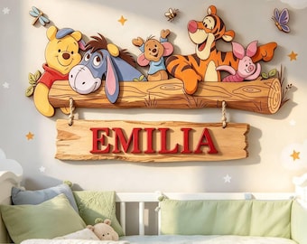 Letrero de madera personalizado de Winnie the Pooh, decoración de pared personalizada para la habitación del bebé, placa de Pooh para la habitación infantil, regalo para recién nacido