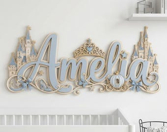 Custom Princess Name Sign 3D Wood, Personalized Castle Nursery Decor, Baby Girl Name Wall Art, Royal Nursery Gift