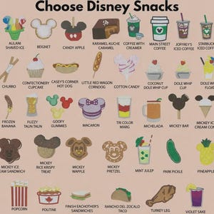 May include: A colorful graphic showcasing various Disney-themed snacks. The image includes items like Dole Whip, Mickey-shaped treats, popcorn, and beverages. Text at the top reads "Choose Disney Snacks."