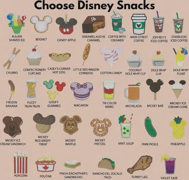May include: A colorful graphic showcasing various Disney-themed snacks. The image includes items like Dole Whip, Mickey-shaped treats, popcorn, and beverages. Text at the top reads "Choose Disney Snacks."
