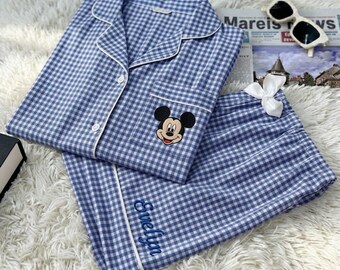 Personalized Mickey and Friends Embroidered Pajama Set, Custom Gingham Disney Sleepwear, Family Matching PJs