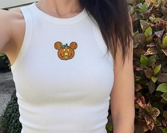 Halloween Mickey and Minnie Pumpkin Embroidered Tank Top, Disney Spooky Season Shirt, Disneyland Fall Trip Outfit
