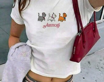Aristocats Marie Berlioz Toulouse geborduurd baby-T-shirt, Disney Cats crop tanktop, schattig Disney-damesshirt