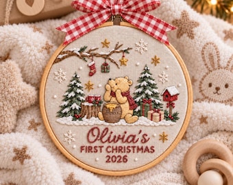 Geborduurd klassiek Winnie de Pooh baby eerste kerstornament, klassiek gepersonaliseerd Winnie de Pooh aandenken voor pasgeborenen, kerstcadeau 2026