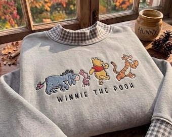 Geborduurd Winnie de Poeh en vrienden sweatshirt met col, Disney Poeh-beer trui met ronde hals, bijpassende outfit voor een Disneyland-vakantie met het hele gezin
