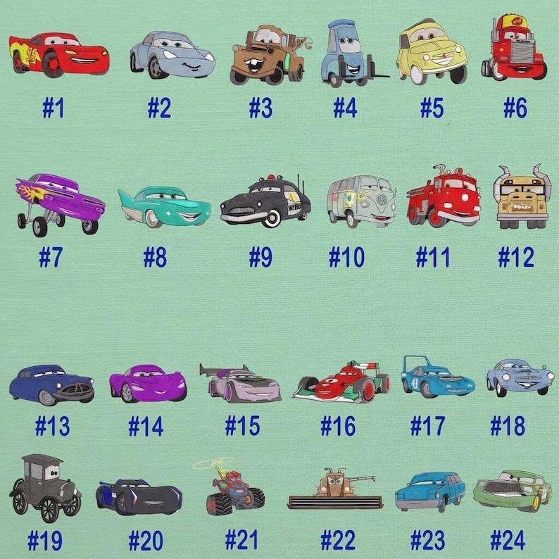 K&ouml;nnte beinhalten: Eine Sammlung von Cartoon-Auto-Illustrationen, jede mit einem einzigartigen Design und Farbschema. Die Autos sind von 1 bis 24 nummeriert und zeigen verschiedene Stile wie Rennwagen, Lastwagen und klassische Modelle. Der Hintergrund ist hellgr&uuml;n.