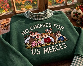 Geborduurd No Cheeses For Us Meeces Gingham-sweatshirt, Muppet Mice kersttrui met col, magisch kerstcadeau