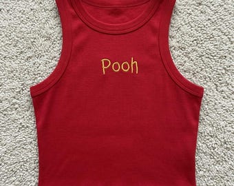 Regata cropped canelada bordada do Ursinho Pooh, camiseta do Ursinho Pooh da Disney, roupa vintage da Disneylândia Critter Country