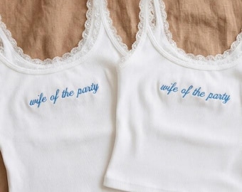 Custom Mrs Ribbed Lace Trim Tank Top, Embroidered Bride Shirt, Bachelorette Party Gift, Bridal Reveal Outfit