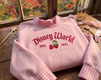 Cherry Disney World geborduurde gingham sweater, schattige Coquette Cherry coltrui, magische Disney World familievakantie outfit