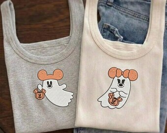 Mickey and Minnie Ghost Halloween Embroidered Tank Top, Retro Disney Spooky Season Shirt, Disneyland Fall Vacation Outfit