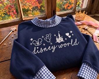 Roze Disney World geborduurde gingham sweater met Mickey Mouse ballonnenkasteel en opstaande kraag, magische Disney World vakantieoutfit