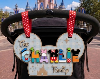Custom Disney Family Wooden Stroller Sign, Mickey Head Stroller Tag, Disney World Scooter Tag, Personalized Park Day Decor