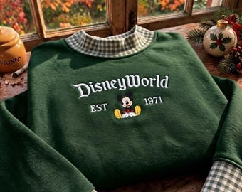 Geborduurd Mickey Mouse Disney World EST 1971 geruit sweatshirt, vintage Disney coltrui, retro shirt voor een Disney World-reis