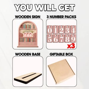 Puede incluir: Un conjunto que incluye un letrero de estanter&iacute;a de madera rosa con el texto "Sophie's Library" y el n&uacute;mero "146". Incluye tres juegos de fichas num&eacute;ricas rosas, una base de madera y una caja de regalo. El texto "YOU WILL GET" est&aacute; en la parte superior.