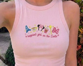 Happiest Girl on Earth Embroidered Tank Top, Disney Park Vacation Outfit, Disneyland Family Trip Shirt