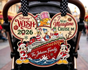 Op maat gemaakt Mickey & Friends Very Merrytime Cruise kinderwagenbord, Disney Wish Christmas 2026 houten familienaambord, vakantie cruise decoratie