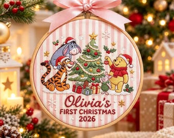 Adorno navideño personalizado de Winnie the Pooh para la primera Navidad, aro navideño personalizado con el nombre del bebé, recuerdo navideño de Winnie the Pooh 2026
