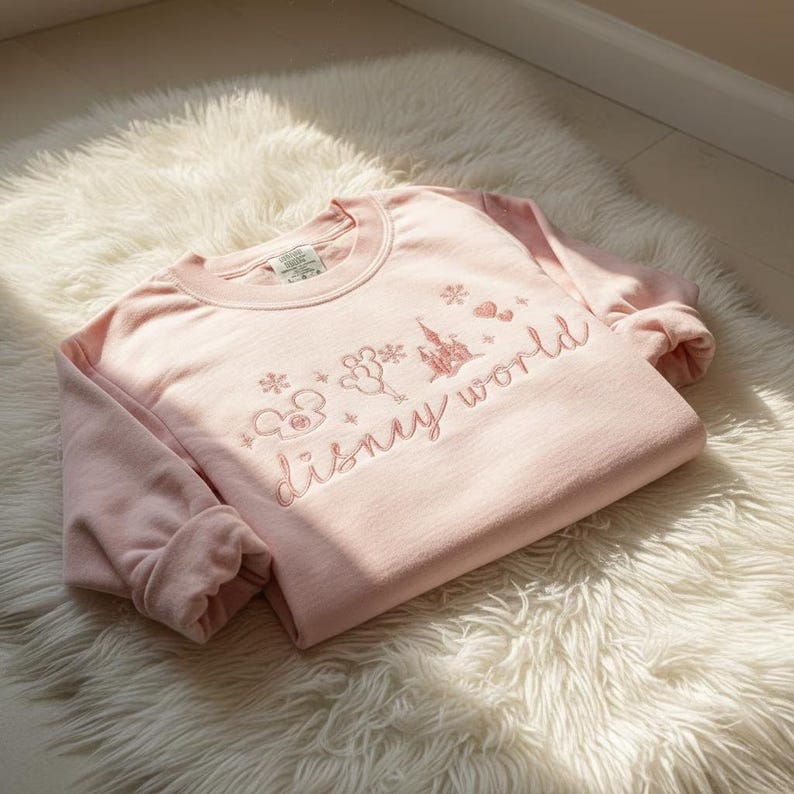 Peut inclure: Un sweat-shirt rose clair avec le texte brod&eacute; "disney world" en cursive. Le motif comprend un ch&acirc;teau, Mickey Mouse et d'autres &eacute;l&eacute;ments d&eacute;coratifs de couleur rose assortie. Le sweat-shirt est pli&eacute; sur un tapis blanc et moelleux.