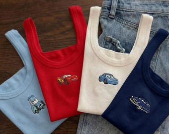 Disney Cars Embroidered Tank Top, Lightning McQueen Mater Sally Pixar Shirt, Cute Cartoon Disney Outfit Tee