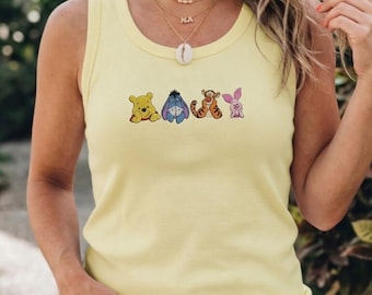 Winnie the Pooh and Friends Embroidered Loose Tank Top, Minimalist Cartoon Disney Shirt, Disney Character Outfit