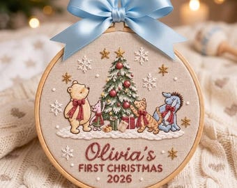 Geborduurd Winnie de Pooh & Friends baby eerste kerstornament, klassiek gepersonaliseerd aandenken voor pasgeborenen, kerstcadeau 2026