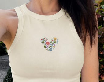 Floral Mouse Head Embroidered Tank Top, Magic Kingdom Disney Flower Shirt, Cute Summer Disney Outfit Tee
