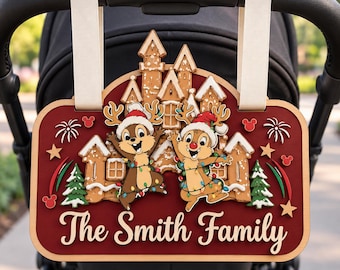 Letrero navideño de madera personalizado para cochecito, etiqueta para cochecito del Castillo de las Ardillas de Disney, decoración personalizada para vacaciones en Disney con el nombre de la familia.