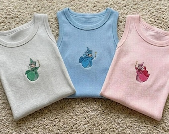 Disney Three Good Fairies Embroidered Tank Top, Flora Merryweather Fauna Girls Trip Disney Shirt