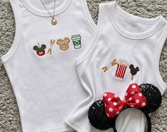 Camiseta sin mangas acanalada personalizada con bordado de snacks de Disney, elige tu propia camiseta de snacks, atuendo para Disneyland y Disney World.