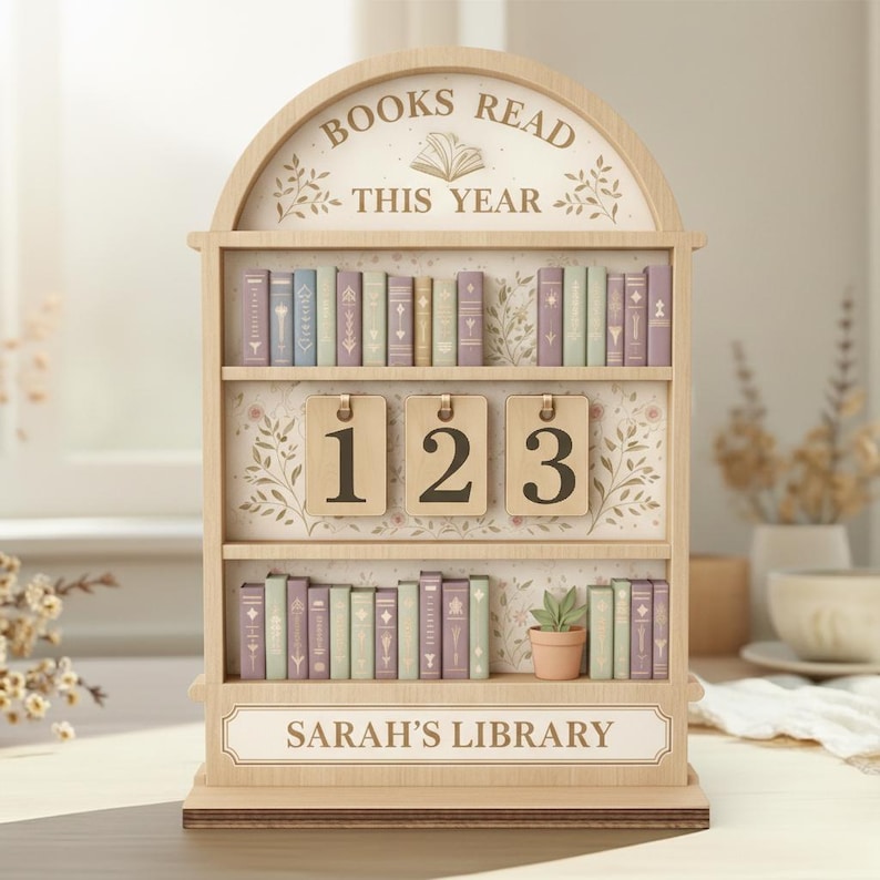 Puede incluir: Expositor de madera con forma de estanter&iacute;a con el texto "BOOKS READ THIS YEAR" y "SARAH'S LIBRARY". Cuenta con tres estantes con libros en miniatura en colores pastel, una peque&ntilde;a planta en maceta y etiquetas numeradas.