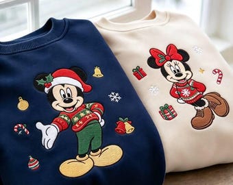 Geborduurd kersttrui met Mickey en Minnie, bijpassende Disney-trui voor de feestdagen, kerstoutfit met de Kerstman, Mickey en Minnie