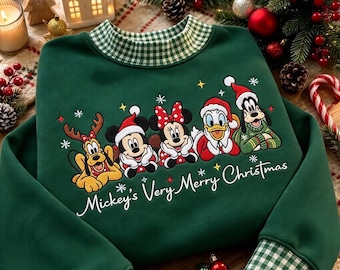 Mouse & Friends kersttrui met geborduurde ruitjesprint, bijpassende Disney familietrui met col en ronde hals, magische kersttrui