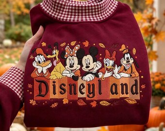 Sudadera de cuadros vichy bordada de Mickey, Minnie y sus amigos de Disneyland, sudadera retro de cuello alto y cuello redondo de Disney para otoño, camiseta para viaje a parques temáticos de otoño